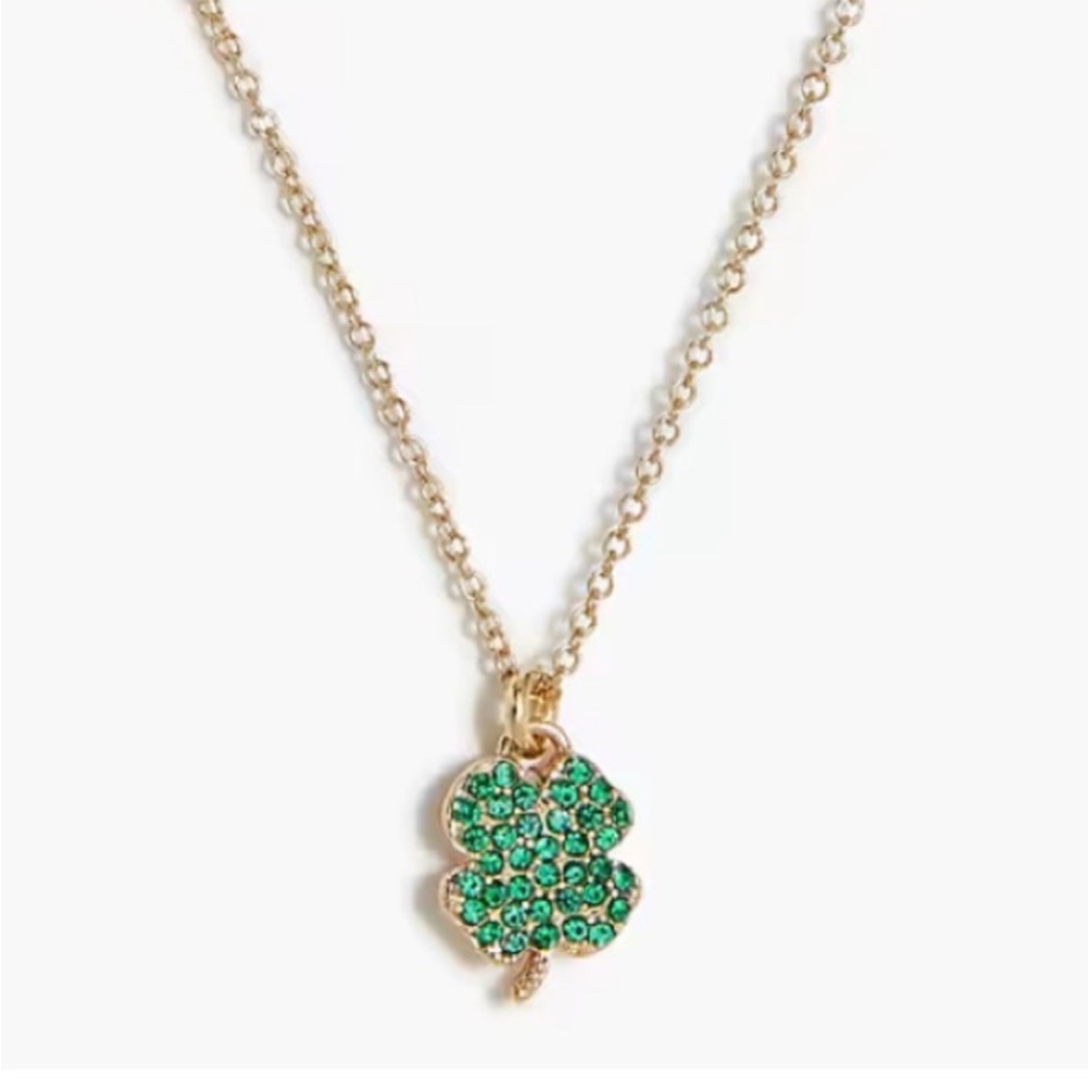 J Crew Factory Pave Green Crystal Clover Necklace Lucky Charm Pendant